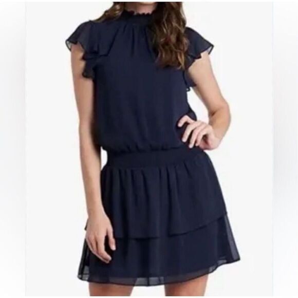 1. State Navy Ruffled Tiered High Neck Mini Dress sz L EUC - Picture 1 of 9